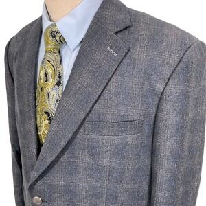 Bespoke Blazer Mens 40R Gray Blue Plaid Surgeon Cuffs Silver Button Jacket Wool